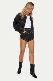 NASTY GAL Heart Studded Cropped Denim Jacket