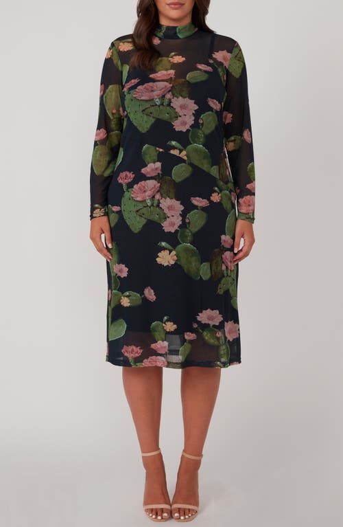 Estelle Mezzanine Cactus Print Long Sleeve Mesh Midi Dress in Navy Floral Print 