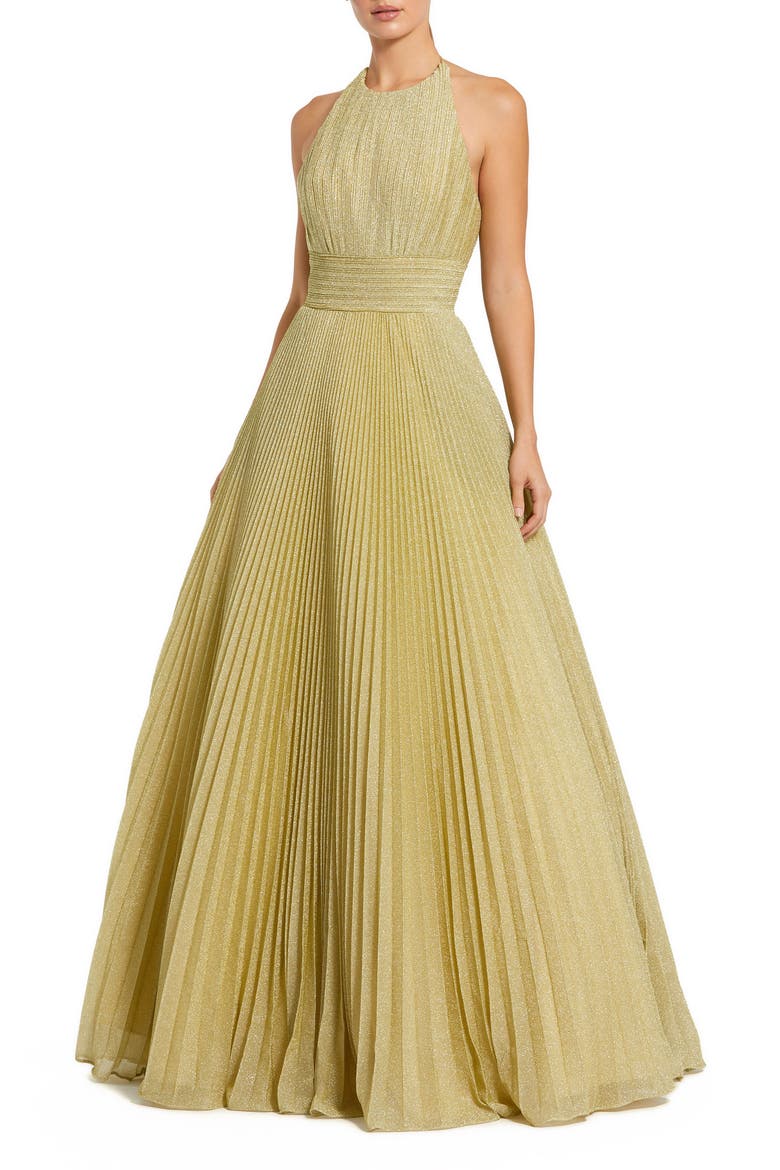 Shimmering Pleated High Neck Open Back Gown, Main, color, Gold