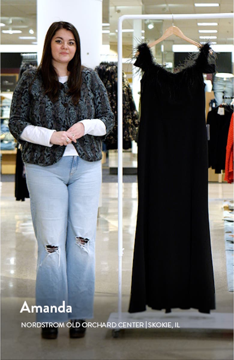 Feather Trim Off the Shoulder Scuba Gown, sales video thumbnail