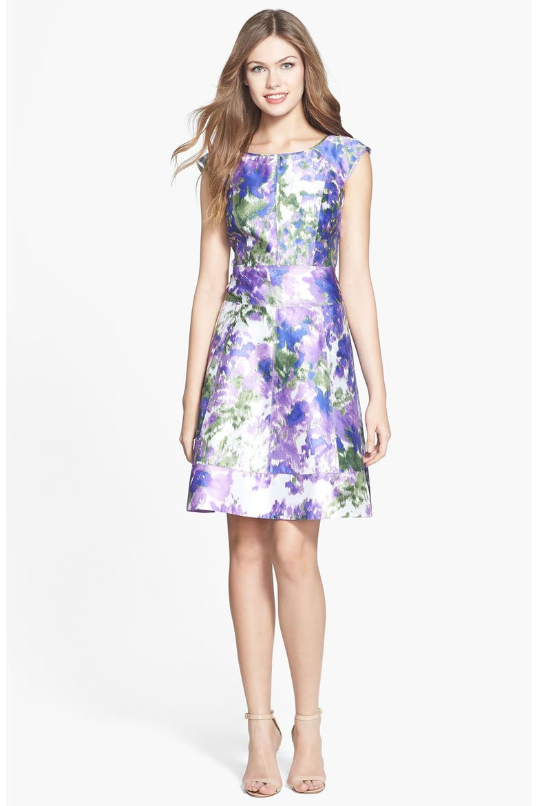 Print Taffeta Fit & Flare Dress, Alternate, color, SOFT WHITE/ PURPLE