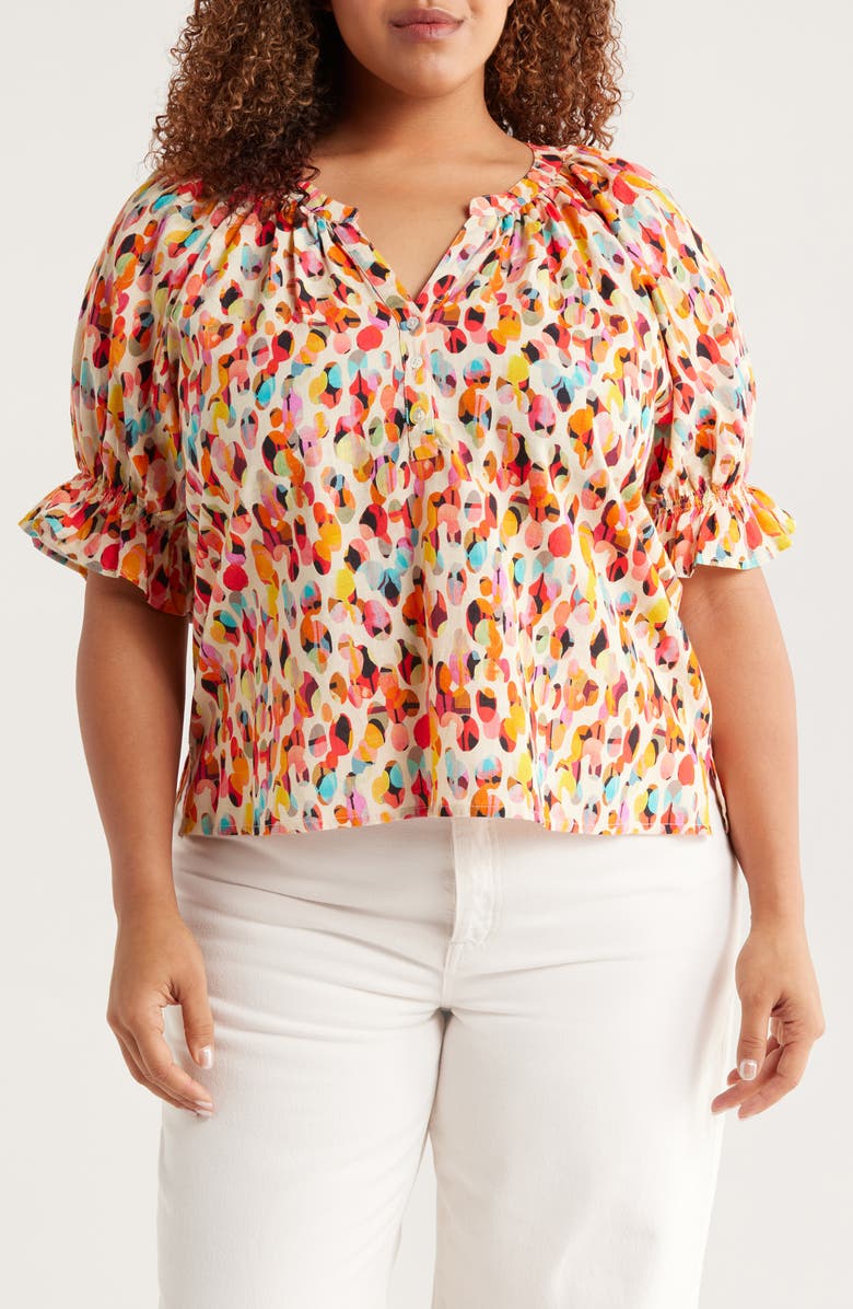 Liverpool Los Angeles Dot Print Ruffle Sleeve Popover Top, Main, color, 