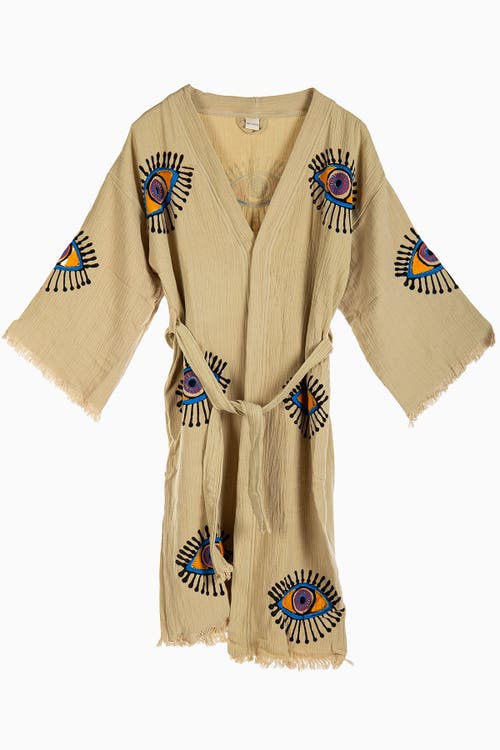 Forever & Always Shoes Aria Evil Eye Handmade Cotton Kimono In Beige