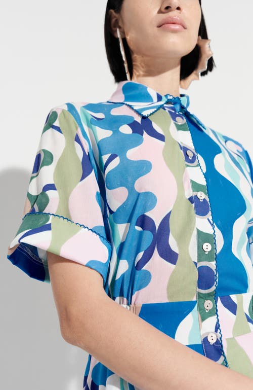 De Loreta Benito Short Sleeve Cotton Mini Shirtdress In Blue
