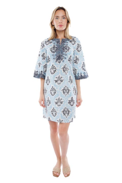 NEW Calypso St. Barth Tunic Light outlet Blue Beaded Silky 3/4 Sleeves Size Large