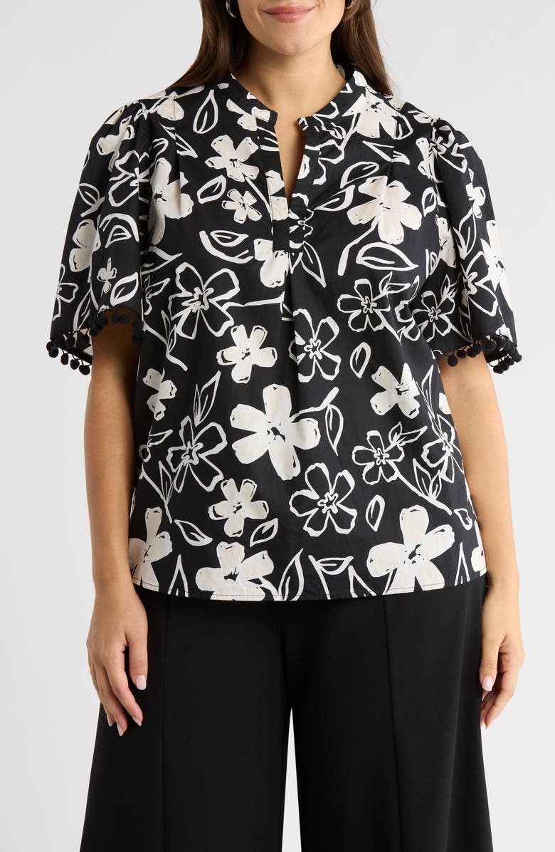 SUGARLIPS Kianza Floral Yulia Pompom Cotton Top, Main, color, Black-White