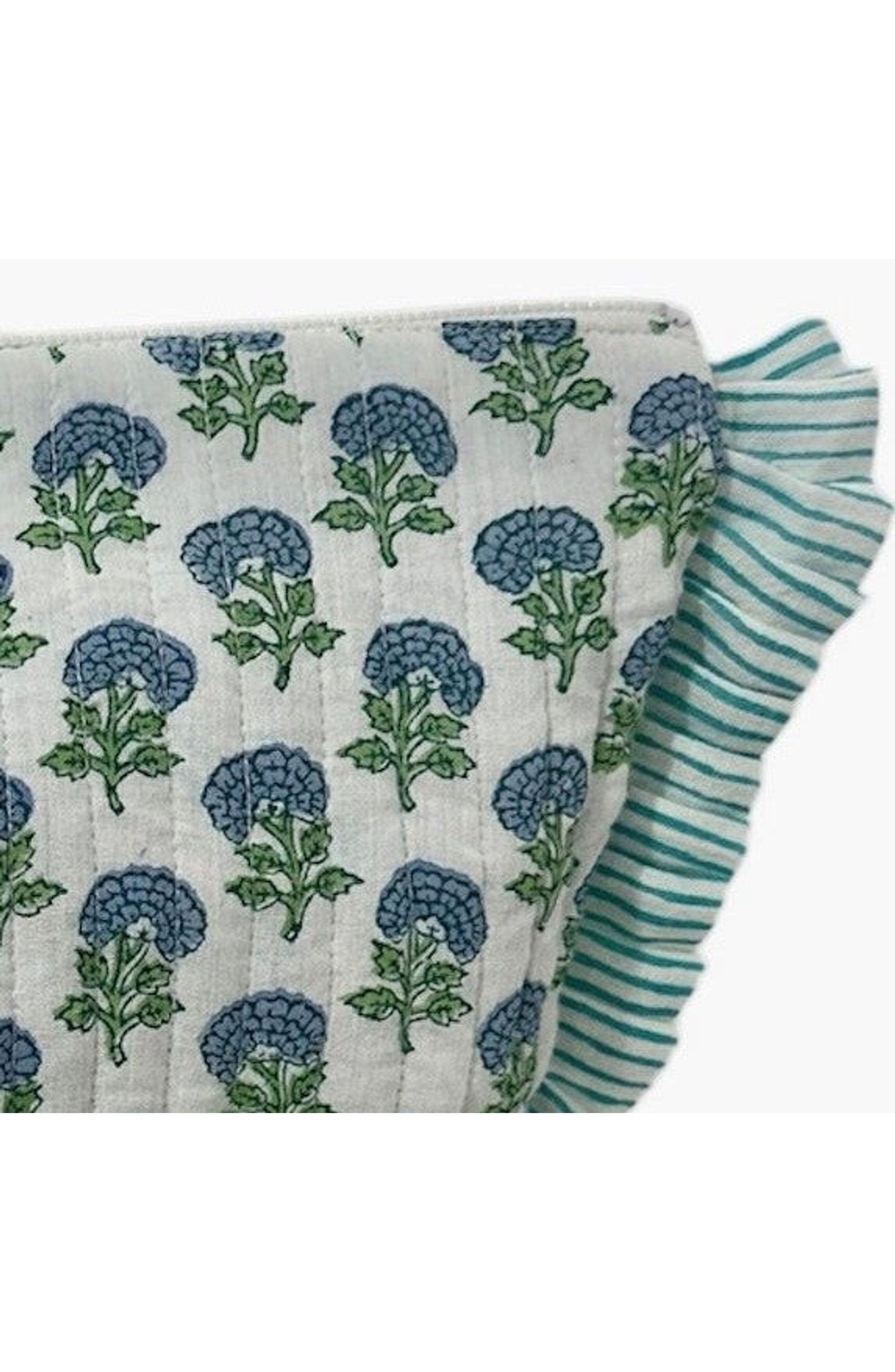 La Plage Ruffle Pouch, Alternate, color, Aqua Floral Block Print