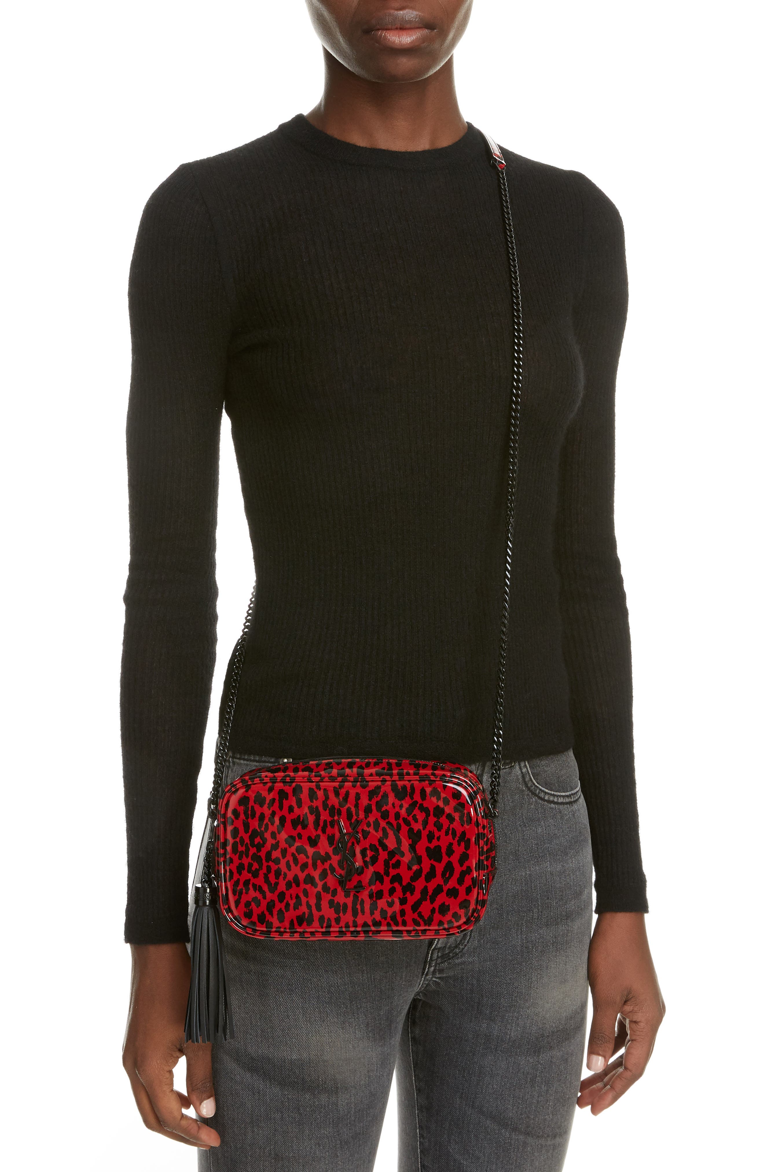 Saint Laurent Mini Lou Leopard Print Patent Leather Camera Bag, Alternate, color, 