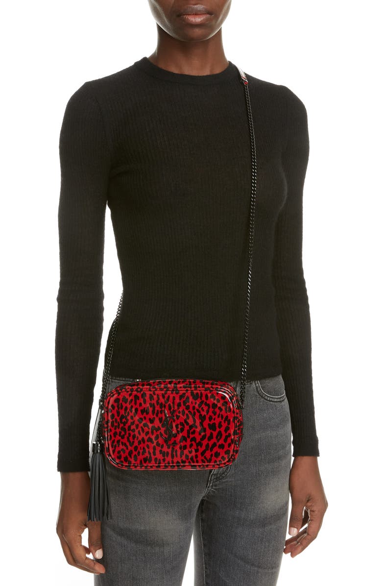 Saint Laurent Mini Lou Leopard Print Patent Leather Camera Bag, Alternate, color,