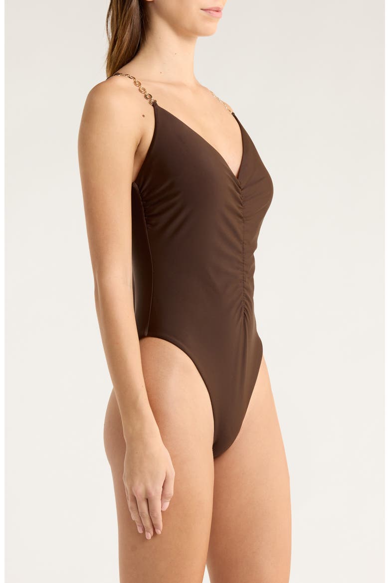 Monique Shirred One-Piece Swimsuit, Alternate, color, BEACH BROWN