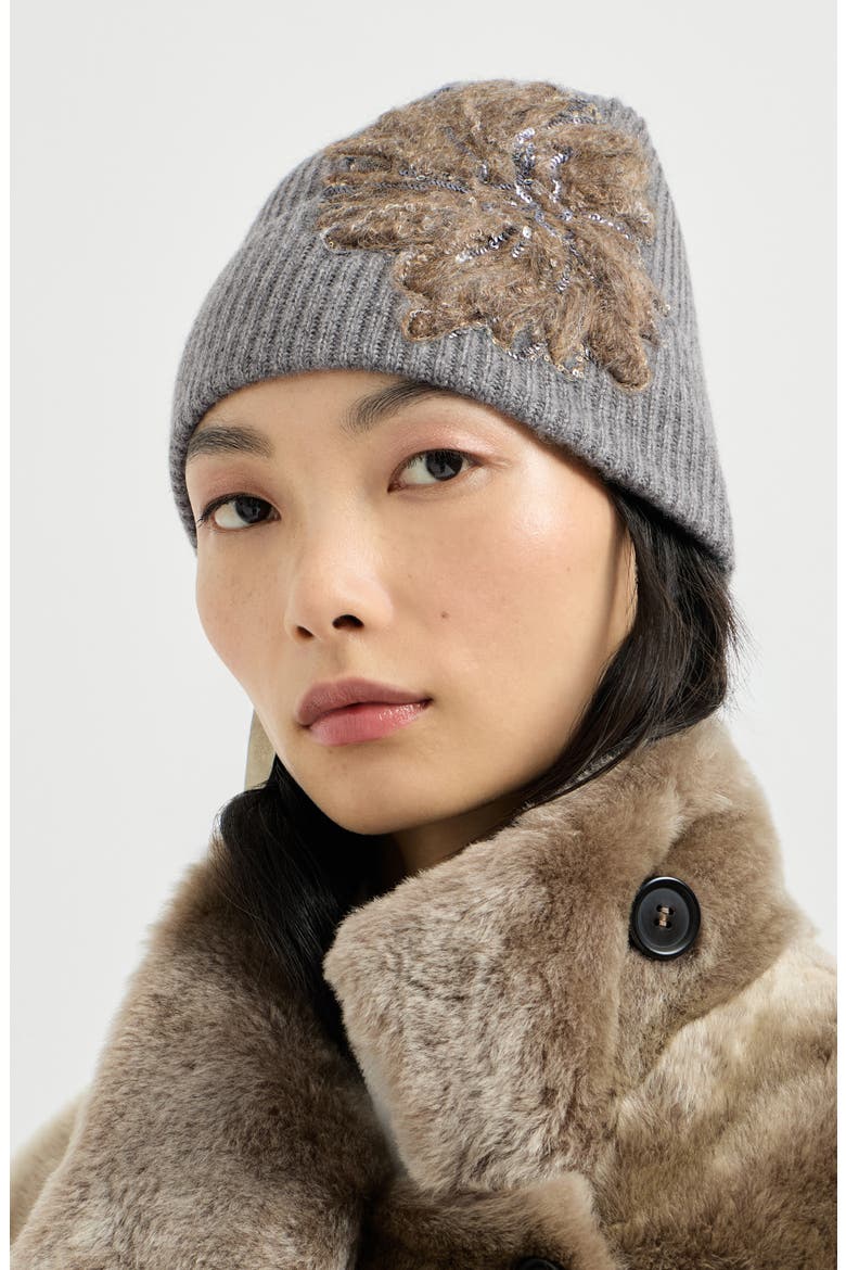 Cashmere ribbed beanie with whispering bloom embroidery, Alternate, color, Dark Grey