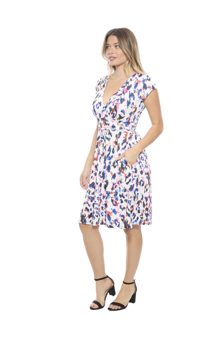 24seven Comfort Apparel Womens Essential Abstract V-Neck Cap Sleeve Knee Length A-Line Pocket Dress, Alternate, color, White Multi