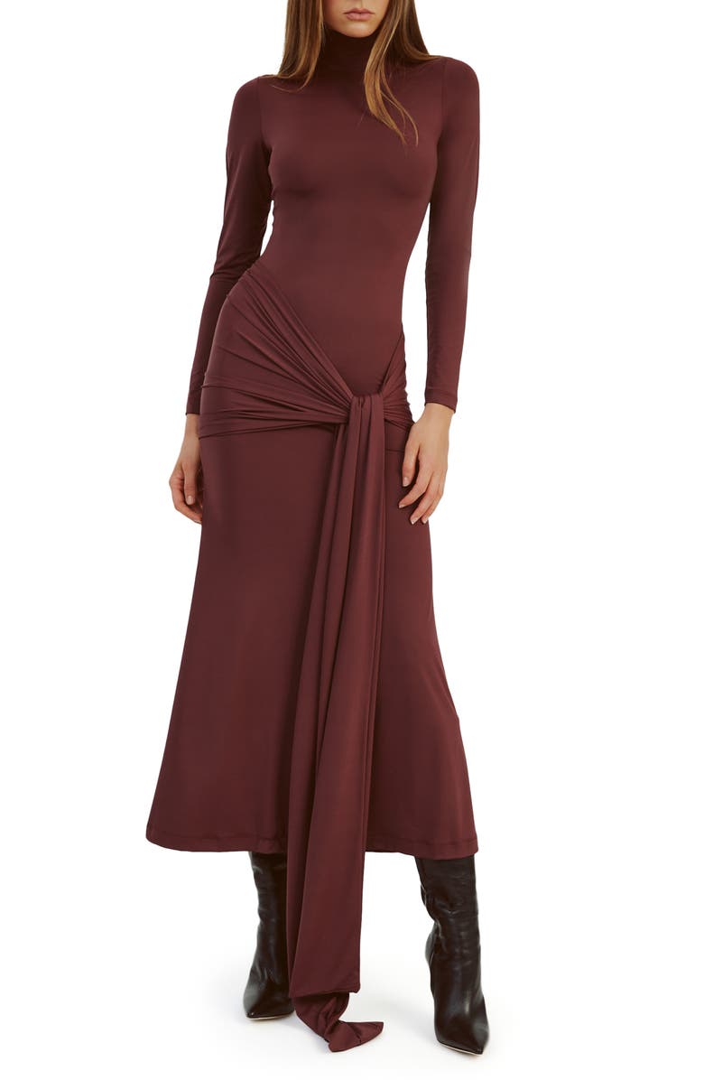 Bardot Alix Tie Front Long Sleeve Maxi Dress, Main, color, Burgundy