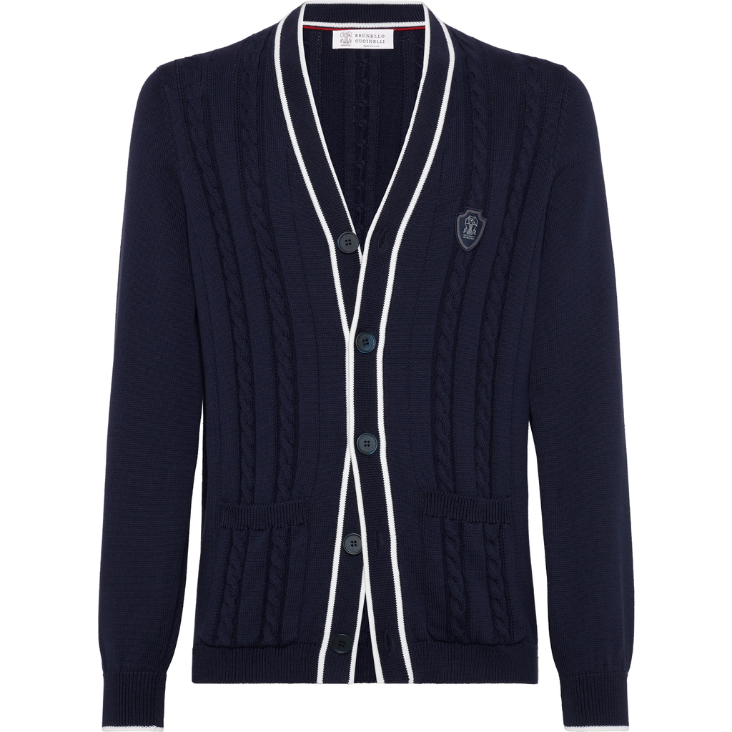Brunello Cucinelli Cotton Knit Tennis Cardigan In Navy Blue