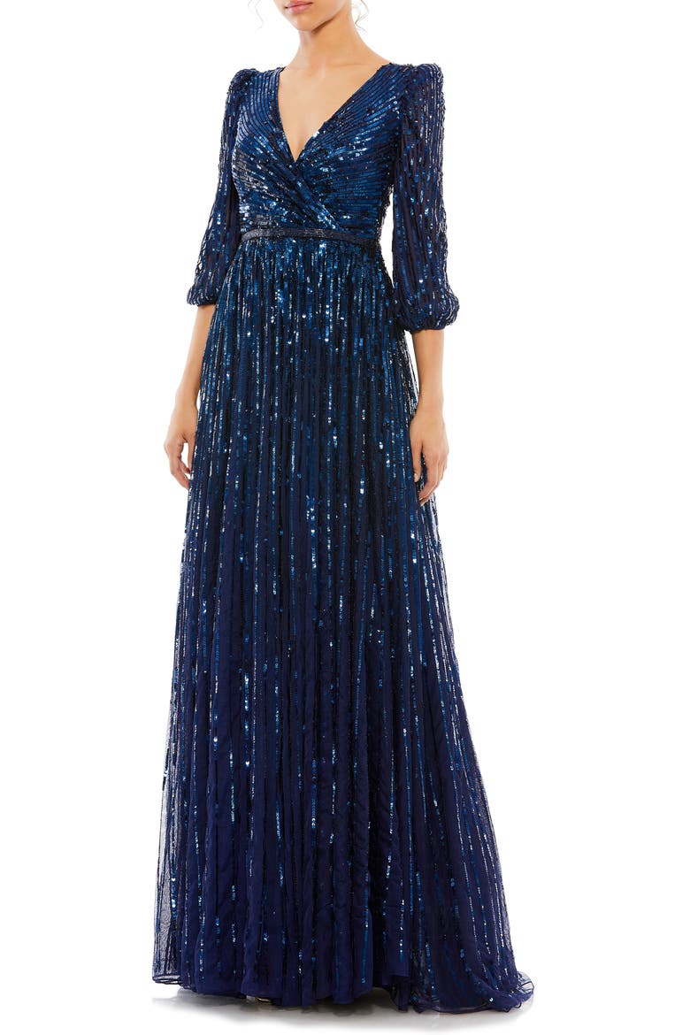 Sequined Wrap Over 3/4 Sleeve Gown, Main, color, MIDNIGHT
