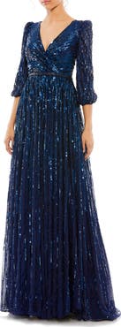 Mac Duggal Sequined Wrap Over 3/4 Sleeve Gown