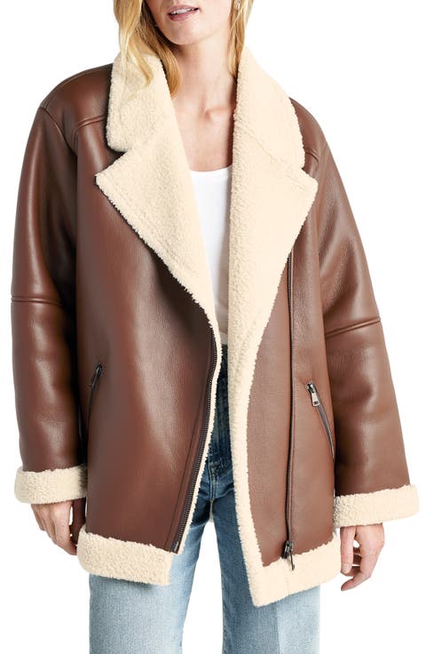 Earhart Faux Leather Aviator Jacket with Faux Fur Collar
