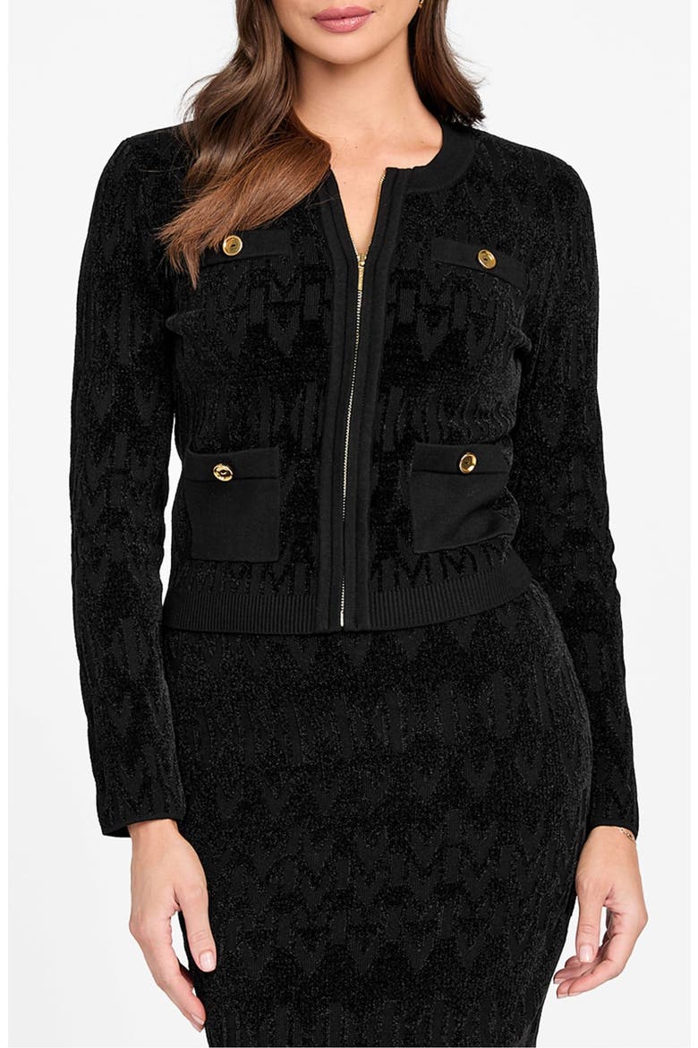 Adele Logo Jacquard Chenille Zip-Up Cardigan, Main, color, JBLACK-BLACK