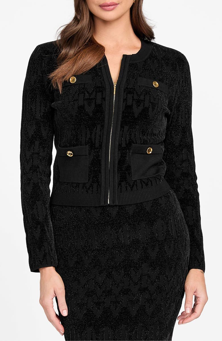Marciano Adele Logo Jacquard Chenille Zip-Up Cardigan, Main, color, Jblack-Black