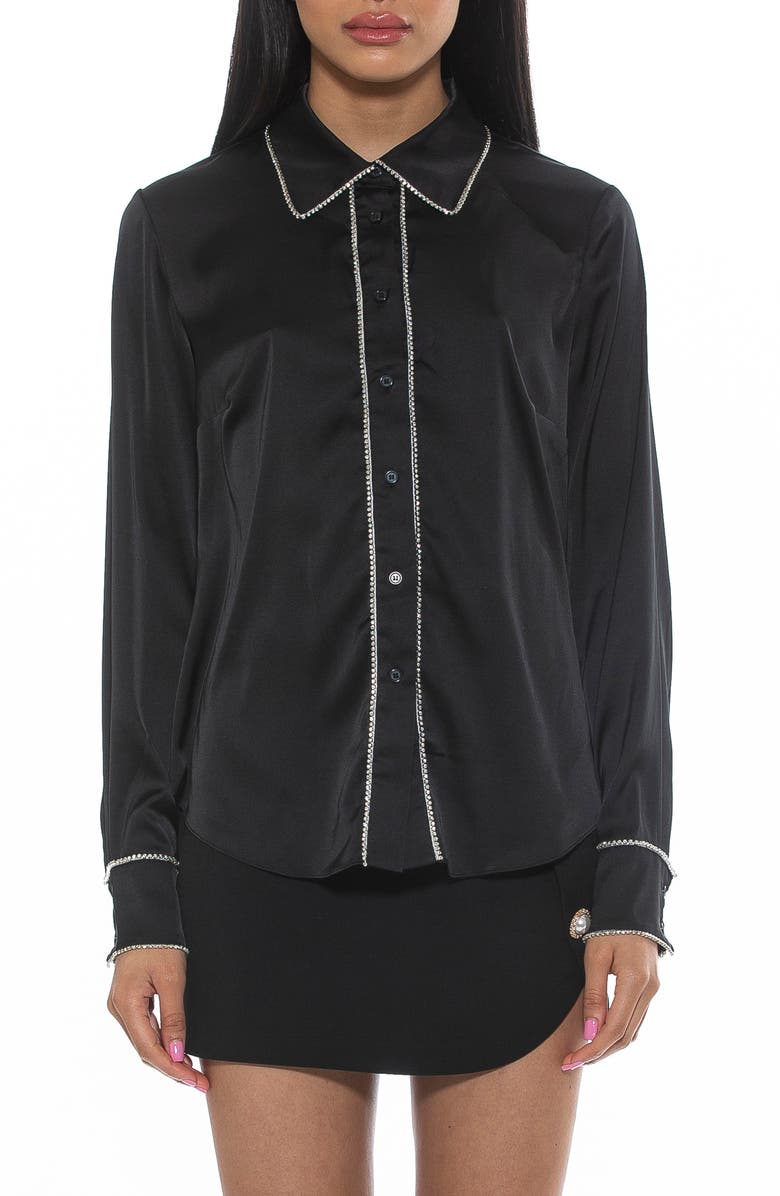 Alexia Admor Rachel Rhinestone Trim Satin Button-Up Blouse, Main, color, 