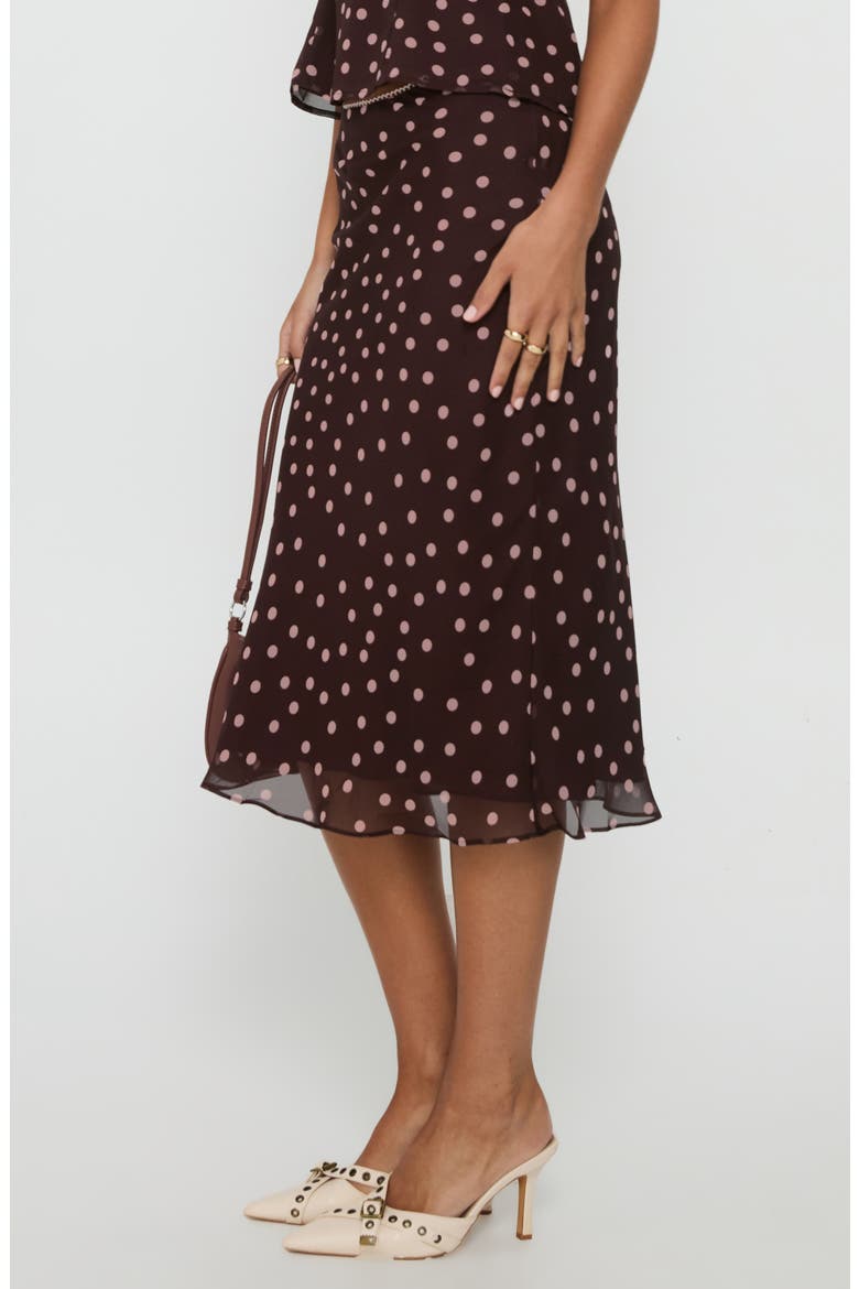 Sydni Dot Bias Cut Midi Skirt, Alternate, color, CHOCOLATE/ PINK POLKA