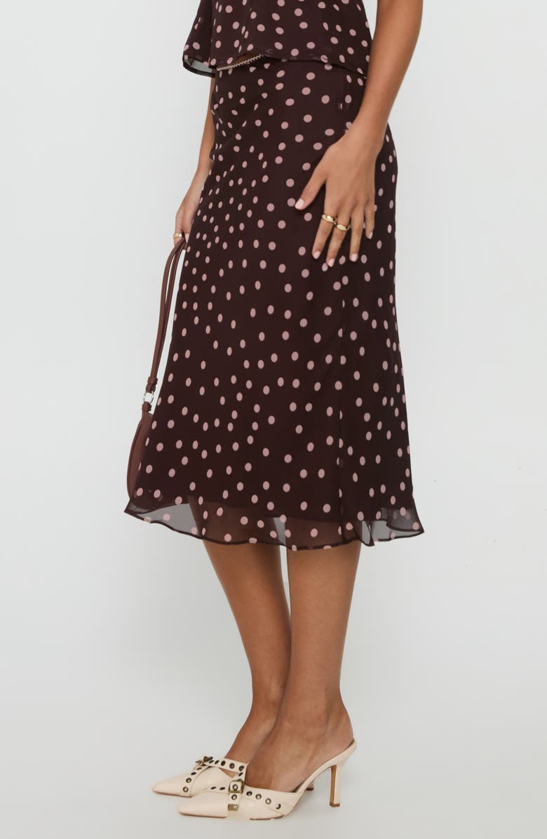 Princess Polly Sydni Dot Bias Cut Midi Skirt, Alternate, color, Chocolate/ Pink Polka