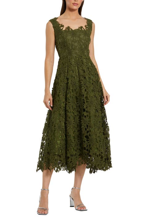 Sleeveless Square Neck Lace A-Line Midi Dress