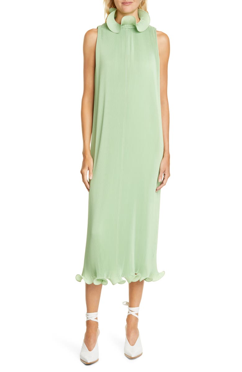 Tibi Ruffle Trim Pleated Midi Dress, Main, color,