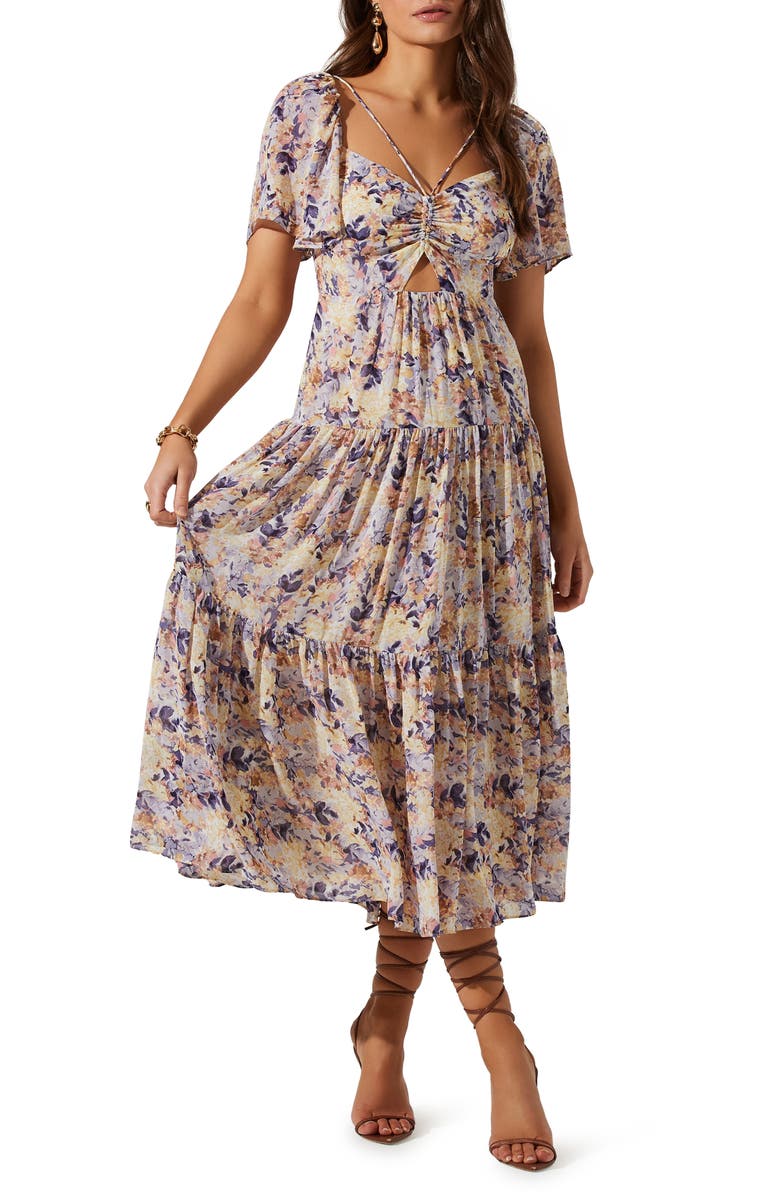 ASTR the Label Floral Cutout Lace-Up Midi Dress, Main, color, 