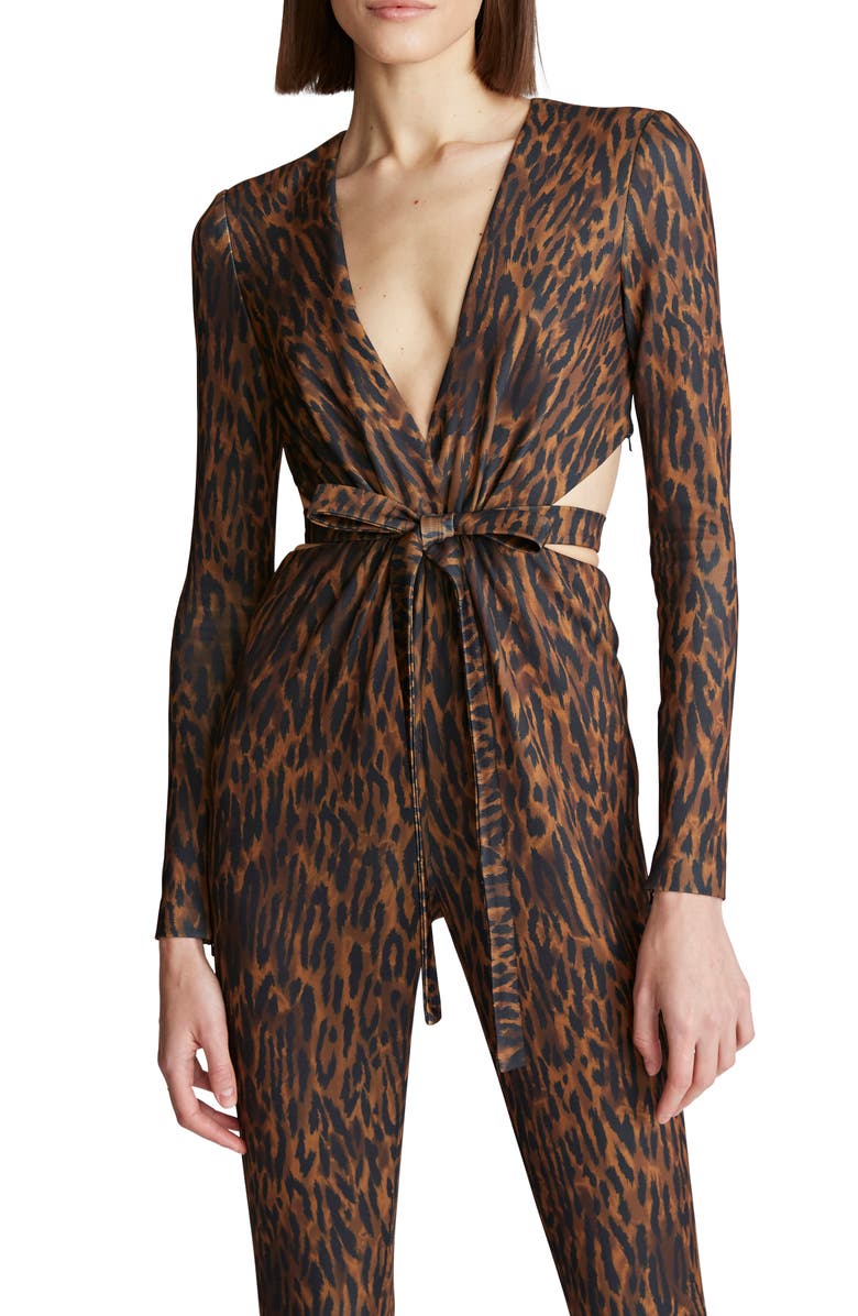 HALSTON EVENING Jada Leopard Scuba Cutout Jumpsuit, Alternate, color, 