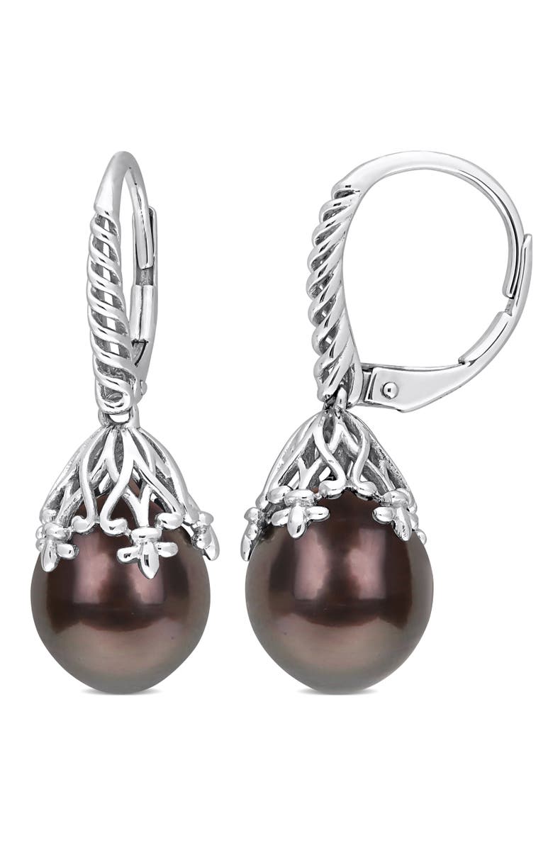 Julianna B. Cultured Pearl Filigree Leverback Earrings 14k, Main, color, Tahitian Pearl/White Gold
