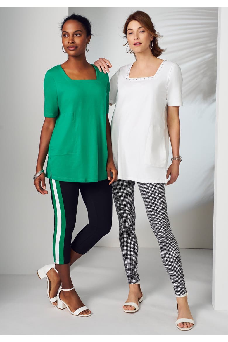 Stretch Cotton Studded Square Neck Tunic, Alternate, color, WHITE SILVER STUD