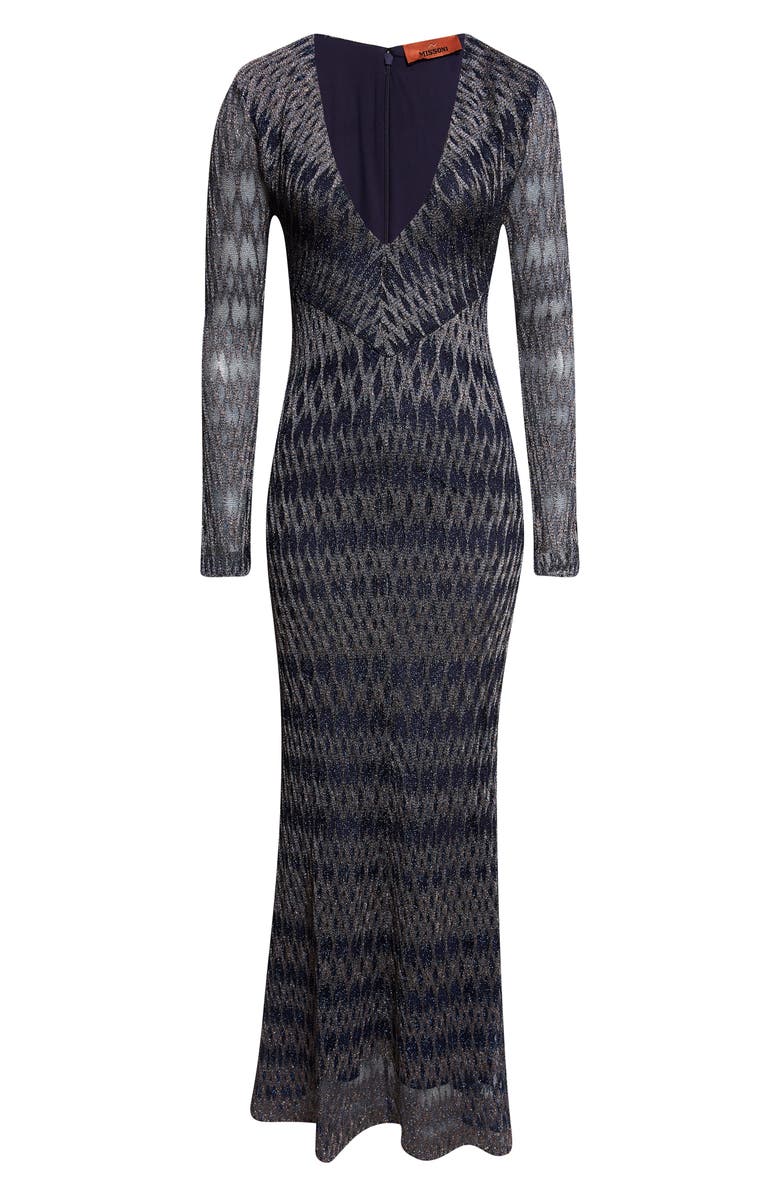 Missoni Long Sleeve 3D Diamond Pattern Lamé Maxi Dress, Alternate, color, Blue Tones