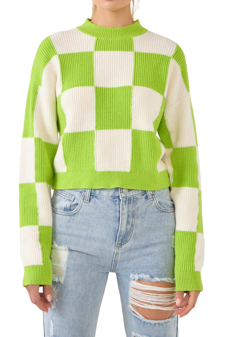 Checkerboard Cotton Blend Crewneck Sweater, Main, color, GREEN/ WHITE