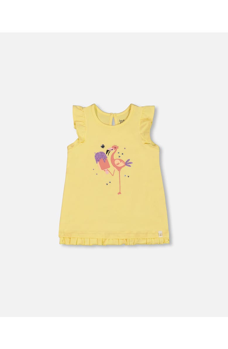Deux par Deux Girl's Organic Cotton Tunic With Frill And Print Yellow And Flamingo, Main, color, Yellow And Flamingo