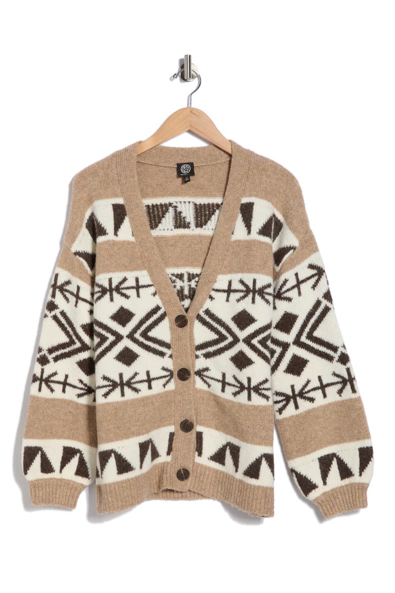 Geometric Button Front Cardigan, Alternate, color, TAUPE MIX/ CREAM