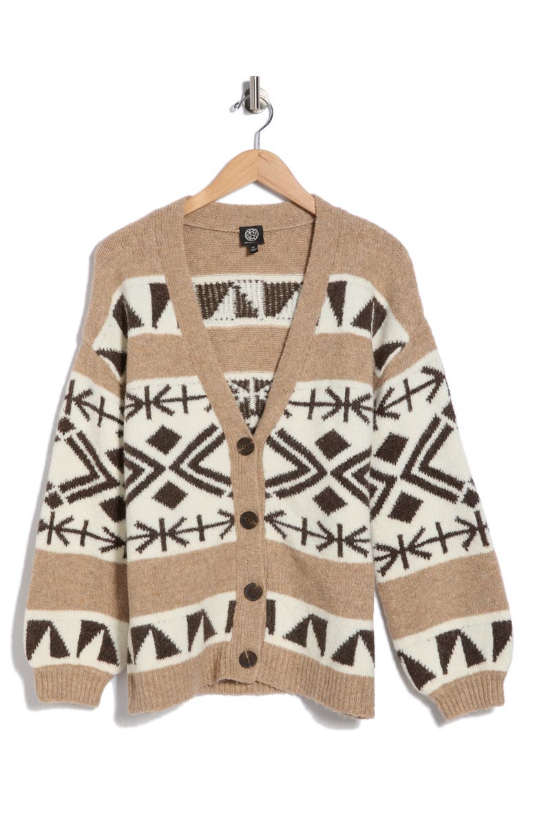 Bobeau Geometric Button Front Cardigan, Alternate, color, Taupe Mix/ Cream