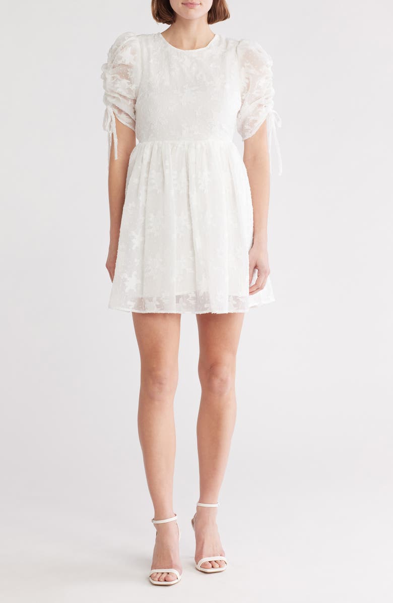 Lush Jacquard Lace Ruched Sleeve Minidress, Main, color, White