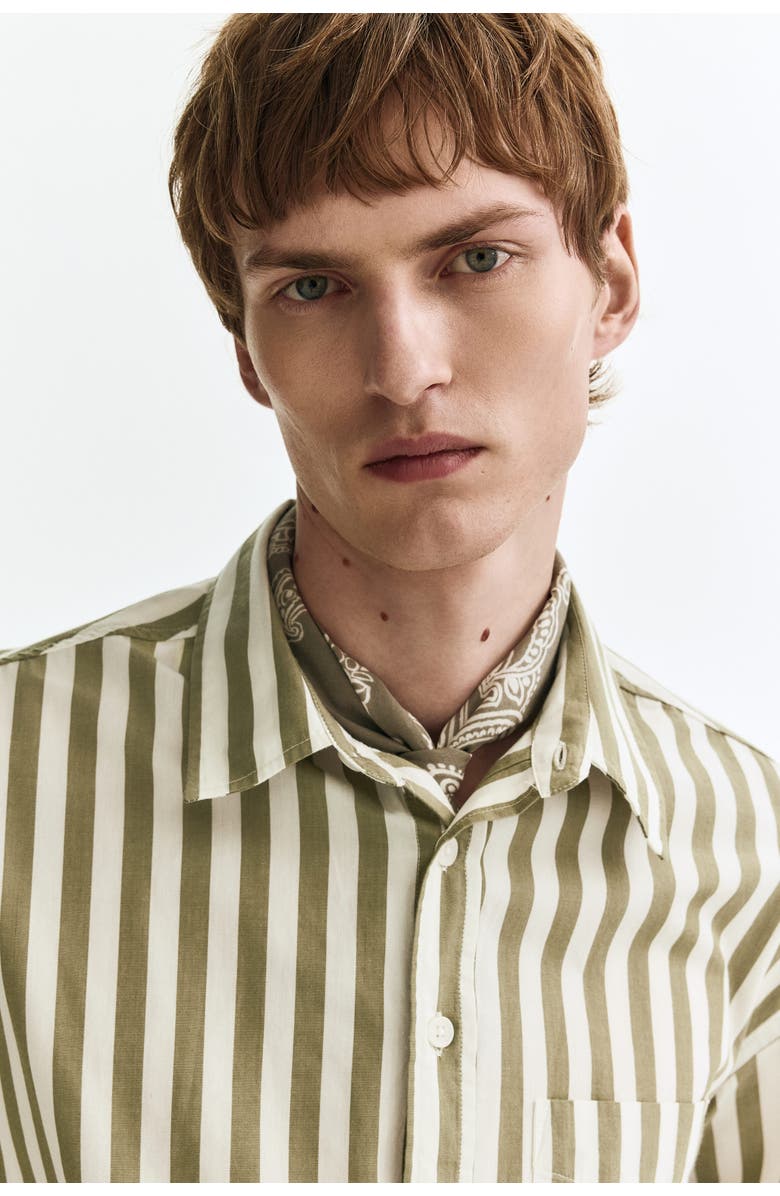H&M Relaxed Fit Poplin Shirt, Alternate, color, Khaki Green/Striped