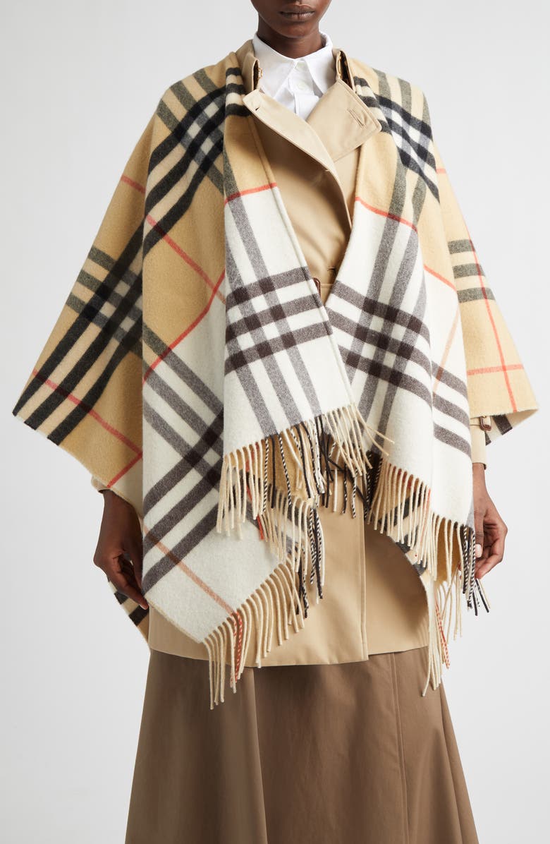 Burberry EKD Check Double Face Cashmere & Wool Fringe Cape, Main, color, Sand/ Pebble White