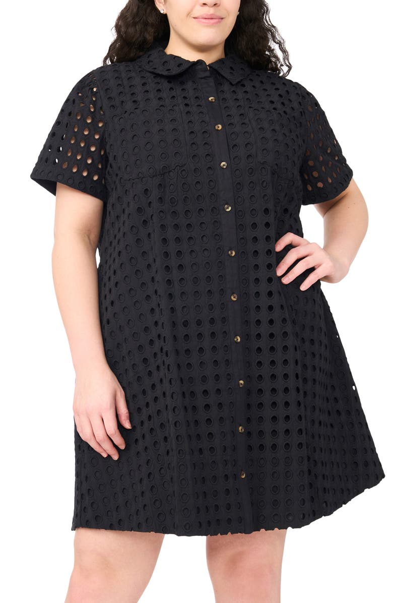 CeCe Eyelet Short Sleeve Cotton Shirtdress, Alternate, color, Rich Black