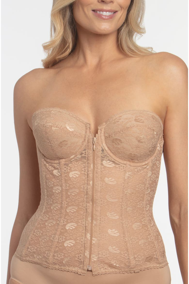 Francesca Lace Strapless Front Closure Longline Bridal Bra, Main, color, Mocha