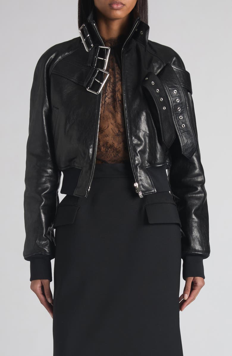 McQueen Belt Detail Lambskin Leather Bomber Jacket, Main, color, Black