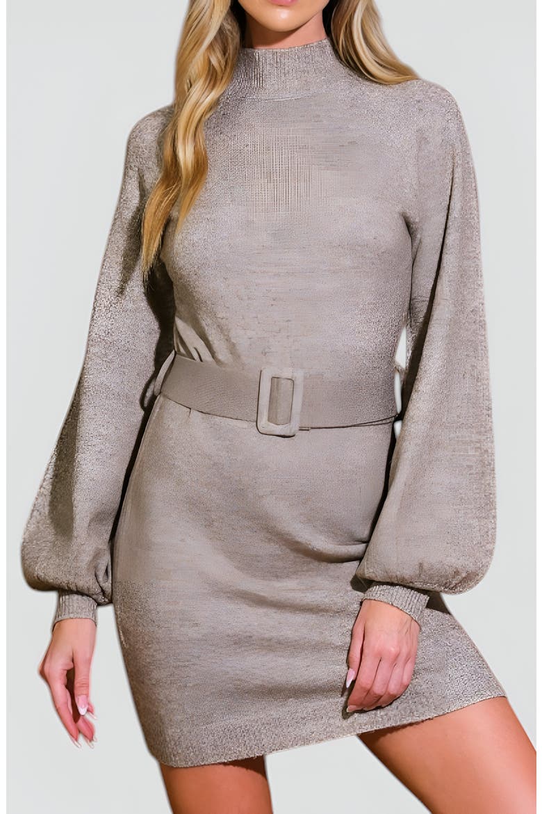 Belted Mock Neck Balloon Sleeve Sweater Dress, Alternate, color, Beige
