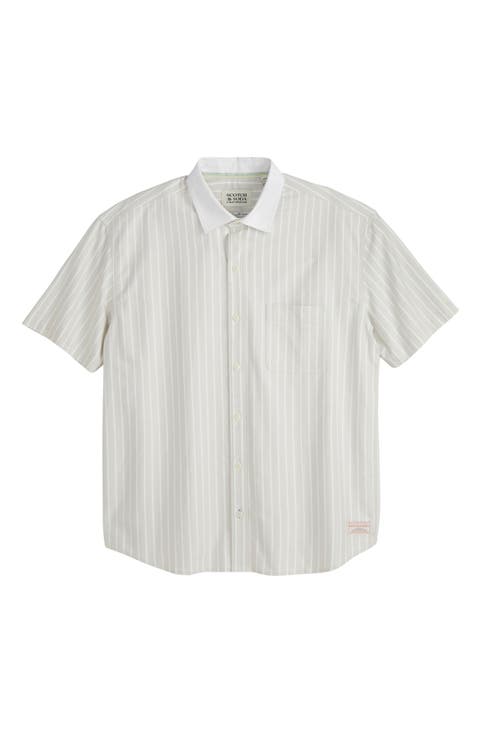 Pinpoint Boxy Short Sleeve Cotton Button-Up Shirt