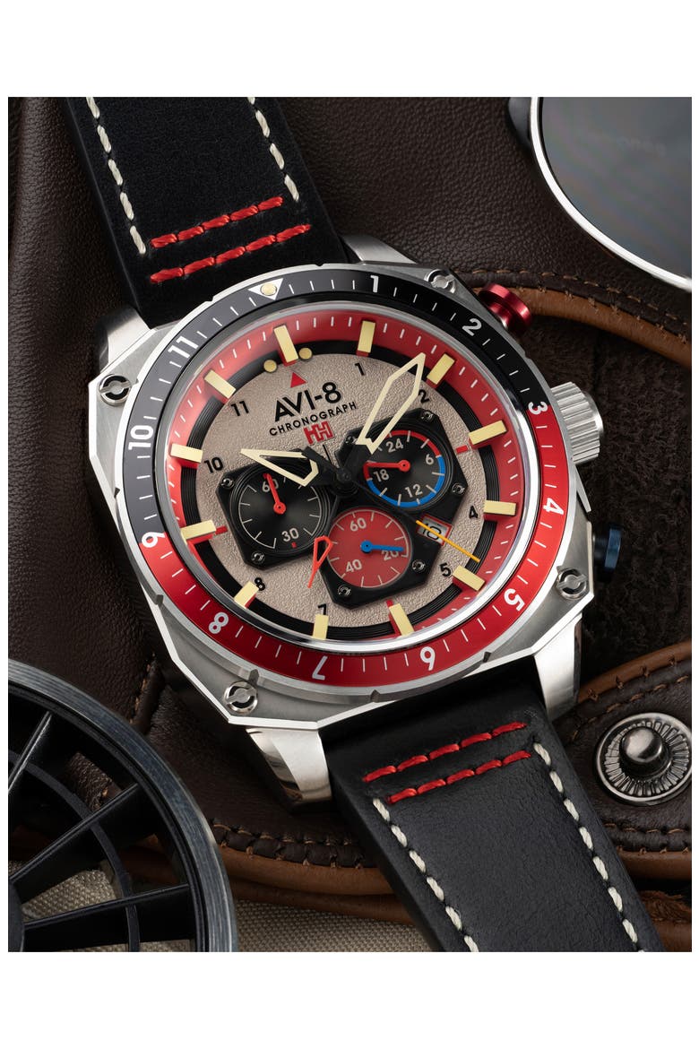 Hawker Hunter Atlas Hazard Red Dual Time Chronograph Leather Strap Watch, 43mm, Alternate, color, GREY