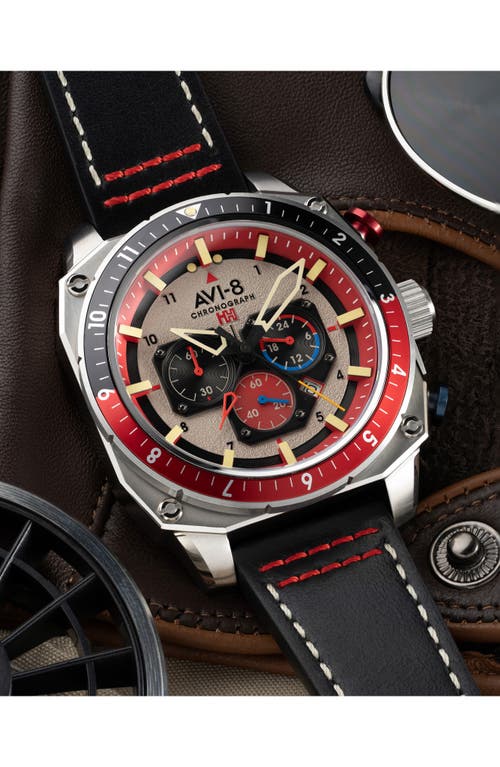 Avi-8 Men's Hawker Hunter Atlas Dual-time Chronograph Black Leather Strap Watch, 43mm In Black