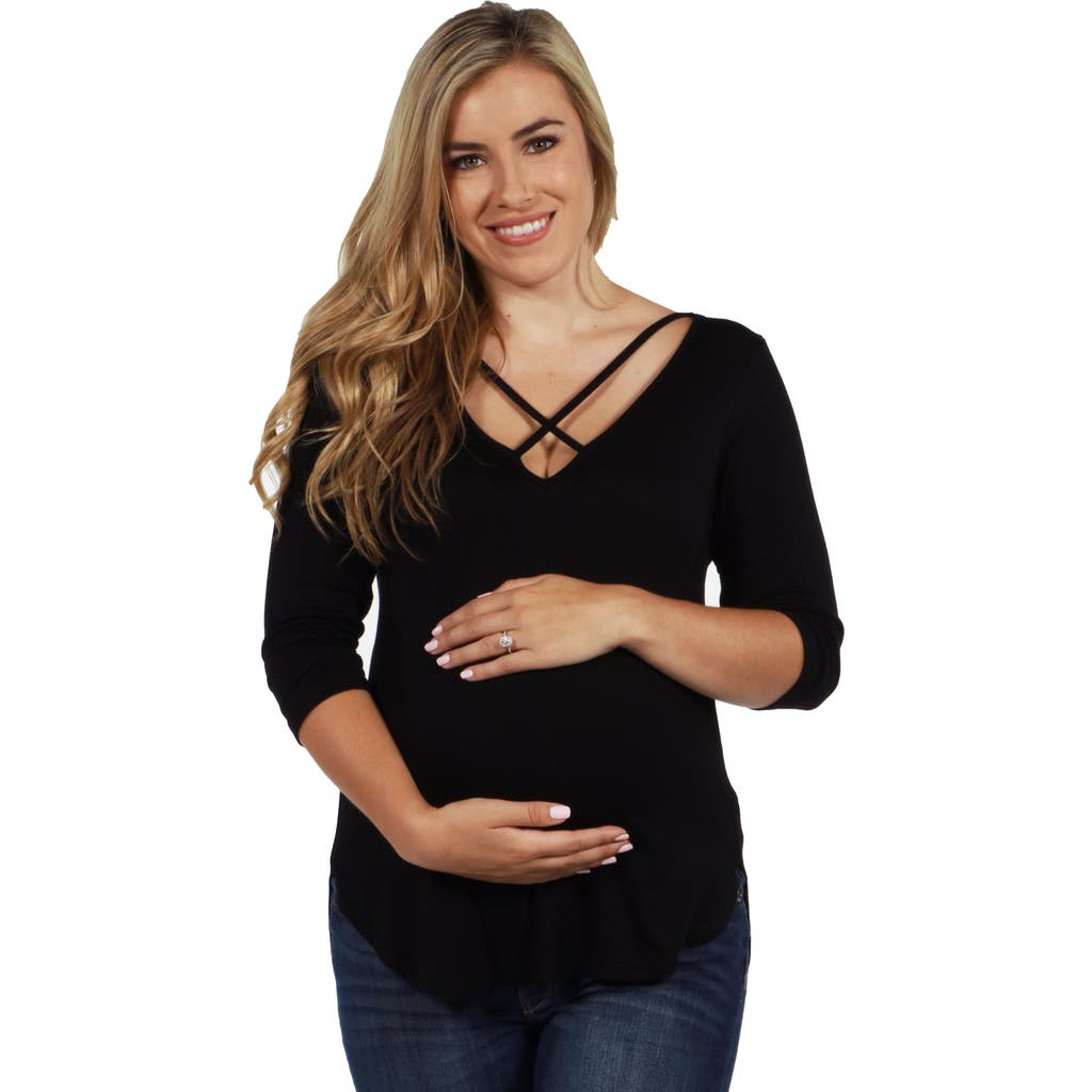 24seven Comfort Apparel Criss Cross Round Hemline Maternity Tunic Top In Black