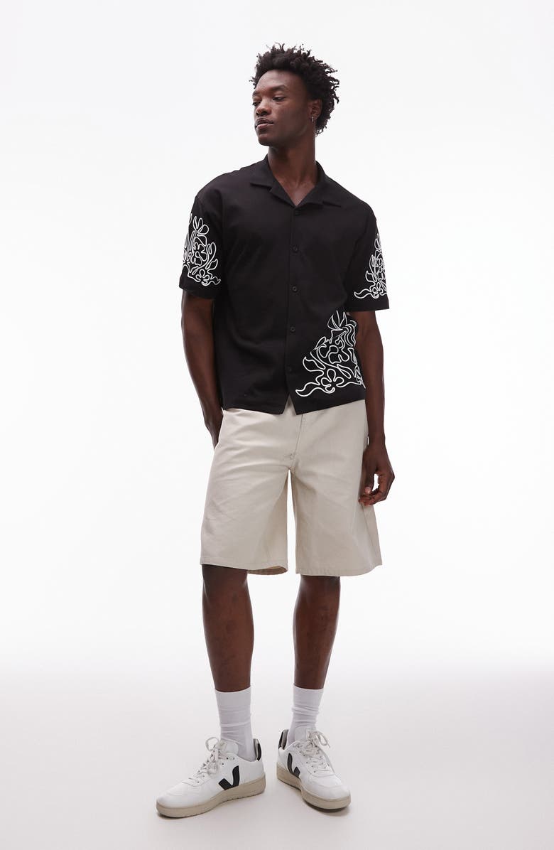 Topman Embroidered Oversize Cotton Jersey Camp Shirt, Alternate, color, Black