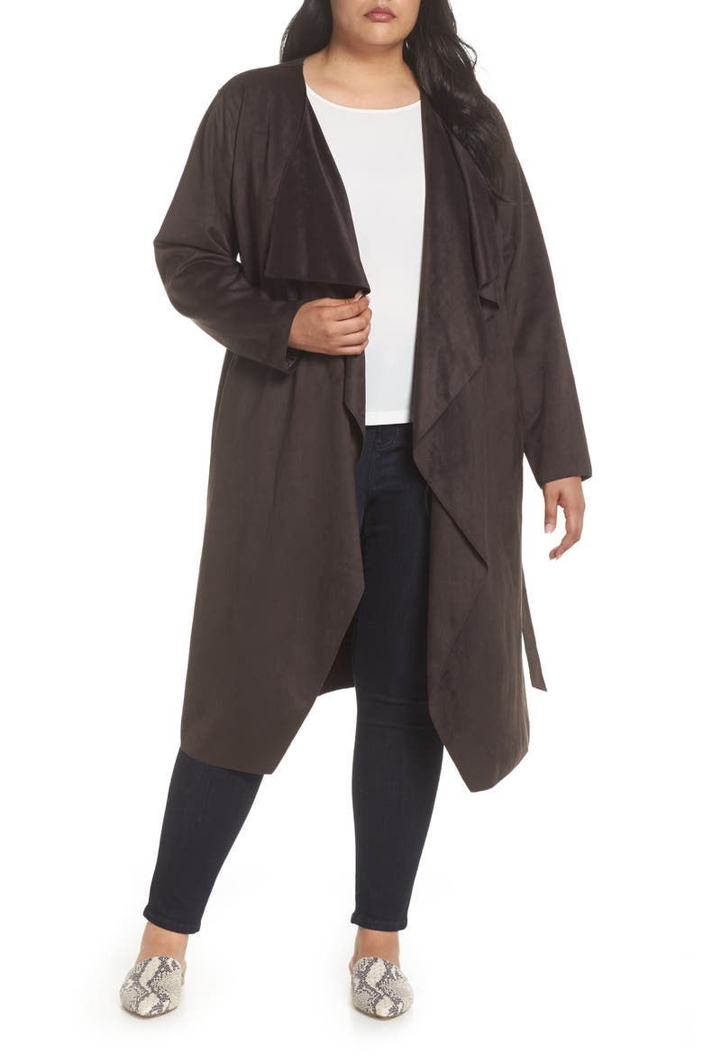 Faux Suede Front Drape Trench Coat, Main, color, COFFEE